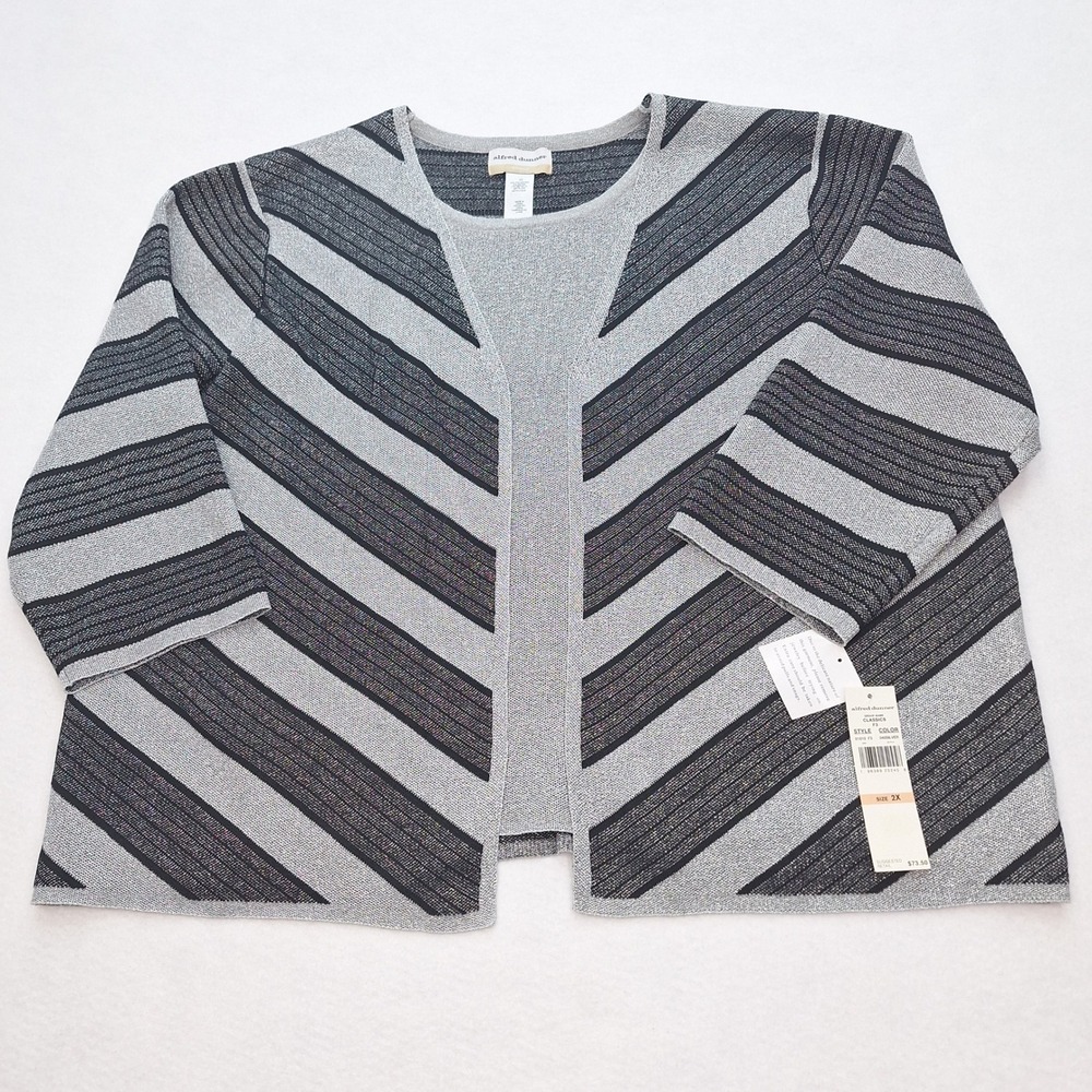 Alfred Dunner Cardigan Womens 2X Black Silver Metallic Stripe Open Front Sweater